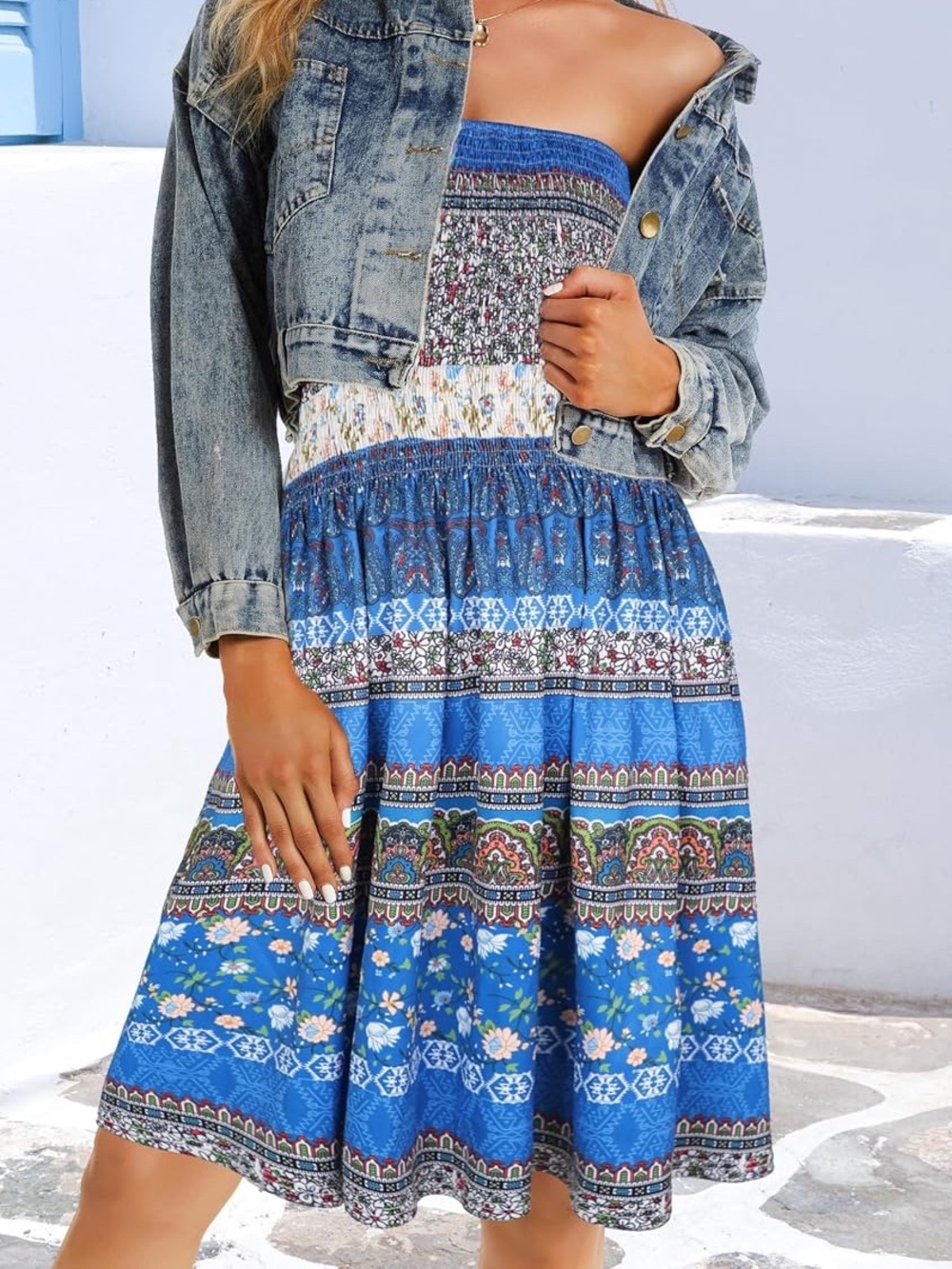 Blue Boho Smocked Maxi Dress